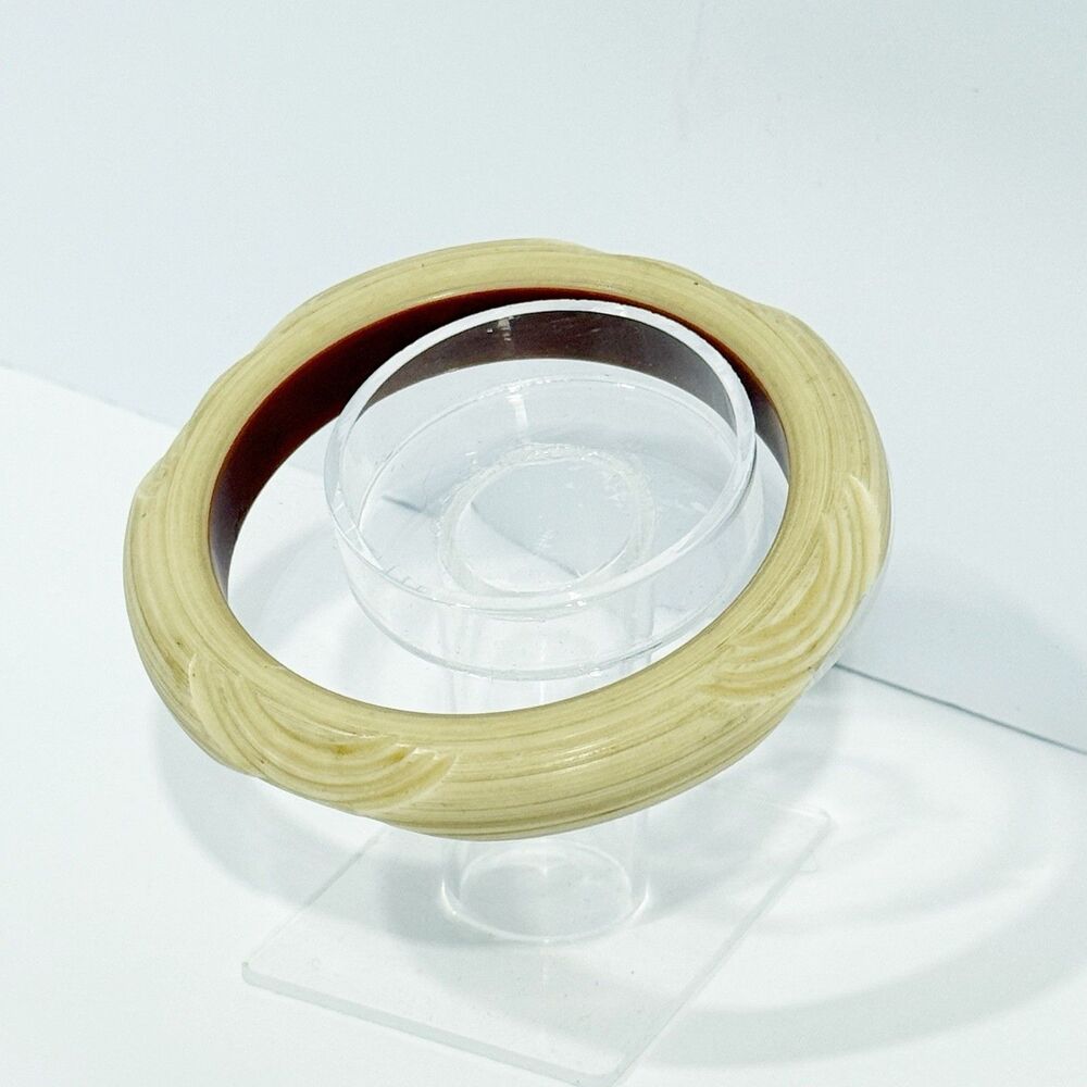 Vintage Carved Cream & Brown Bangle Bracelet Retro Bakelite Style Inner Dia - Picture 4 of 13